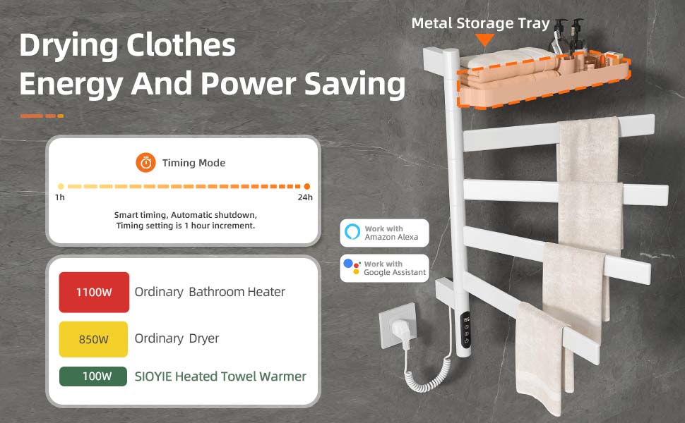 SIOYIE Smart Rotating Heated Towel Rack For Bathroom, Wall-Mounted Electric Towel Dryer With Swivel Bars & Shelf, Smart Timer, Low Carbon Steel, Plug-in/Hardwired, Towel Warmer With Wi-Fi App Control_voghion.com
